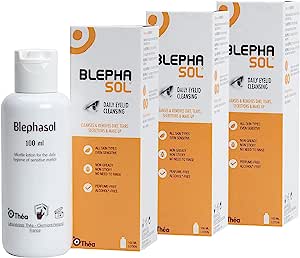 Photo of three Thea Blephasol product boxes in a vertical position behind a product sample.