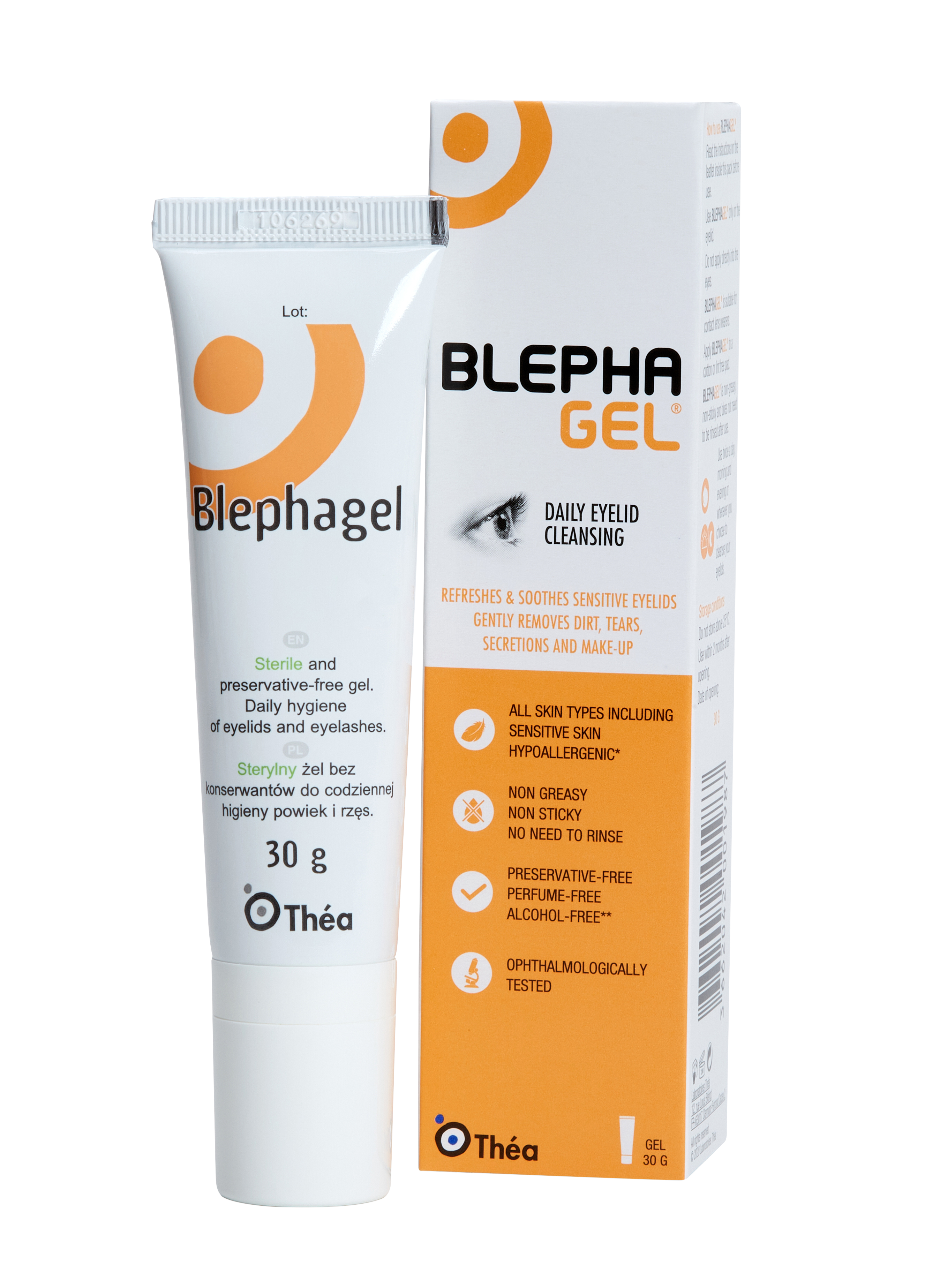 Blephagel product box in a portrait position behind the product sample