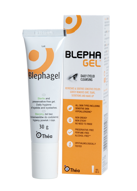 Blephagel product box in a portrait position behind the product sample