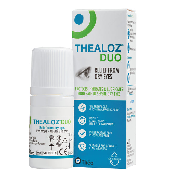 Thealoz Duo product box in portrait position behind a product sample
