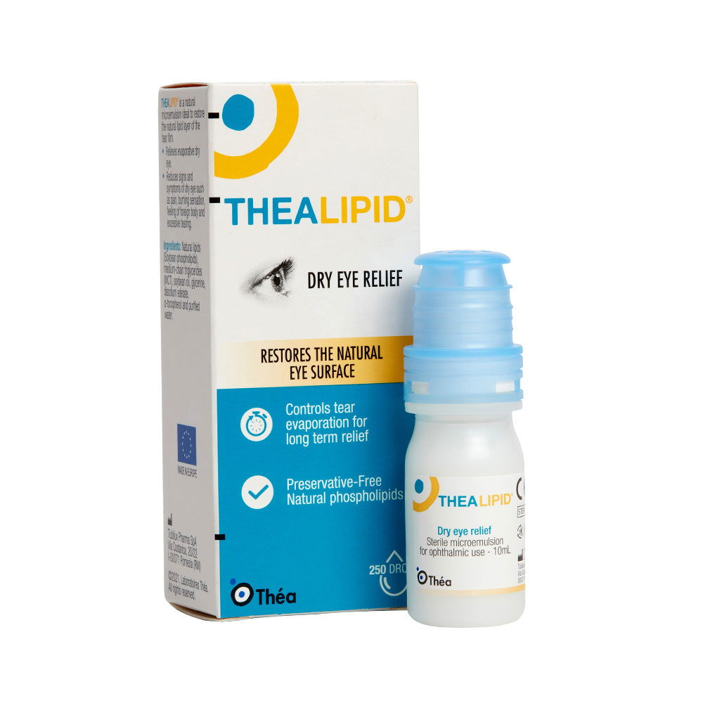 Thea Lipid product box in a vertical position behind the product sample